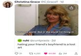 The earliest known use of a meme featuring Laura Dern as Amy in the HBO show _Enlightened_. The GIF shows Dern dressed in a light blue collared shirt, saying, "Not in my world. Not in the world I'm living in." This tweet shows @C_GraceT using the GIF to react to a tweet that reads, "hating your friend's boyfriend is a lost art." 