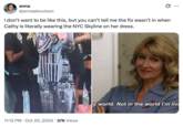 A GIF featuring Laura Dern as Amy in the HBO show _Enlightened_. The GIF shows Dern dressed in a light blue collared shirt, saying, "Not in my word. Not in the world I'm living in." This tweet reads, "I don’t want to be like this, but you can’t tell me the fix wasn’t in when Cathy is literally wearing the NYC Skyline on her dress."
