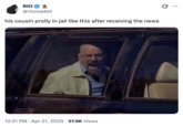 his cousin prolly in jail like this after receiving the news A "tweet":https://knowyourmeme.com/memes/sites/twitter-x using the "Walt Screaming in a Car":https://knowyourmeme.com/memes/walt-screaming-in-a-car "image macro":https://knowyourmeme.com/memes/image-macros.