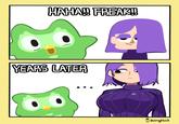A version of the "haha freak" meme. The meme replaces the characters with the Duolingo owl and Lily.