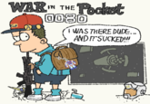 An edit of a Gulf War veteran "Bootleg Bart":https://knowyourmeme.com/memes/bootleg-bart meme. This image, created by @napcakes2, reads, "War in the Pocket 0080," and is a _Mobile Suit Gundam_ reference. 