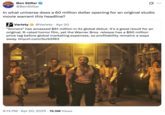 A tweet by Ben Stiller criticizing a post by film magazine _Variety_, which underplays the film _Sinners_ and its opening week box office performance. Ben Stiller criticized the article's framing, writing, "In what universe does a 60 million dollar opening for an original studio movie warrant this headline?"