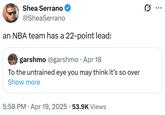 Shea Serrano @SheaSerrano an NBA team has a 22-point lead: garshmo @garshmo⚫ Apr 18 To the untrained eye you may think it's so over Show more 5:58 PM Apr 19, 2025 - 53.9K Views ...
