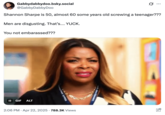 TMZ broke the news that ESPN commentator Shannon Sharpe was being sued for $50 million by an anonymous woman who accused him of being sexually violent against her. This tweet by @GabbyDabbyDoo reads, "Shannon Sharpe is 50, almost 60 some years old screwing a teenager??? Men are disgusting. That’s…. YUCK. You not embarassed???"