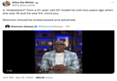 A tweet reacting to Shannon Sharpe characterizing the lawsuit against him as a "shake down." The tweet reads, "A "shakedown" from a 21-year-old OF model he met two years ago when she was 19 and he was 54, mind you."