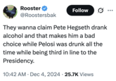 A "tweet":https://knowyourmeme.com/memes/sites/twitter-x comparing Pete Hegseth's and "Nancy Pelosi's":https://knowyourmeme.com/memes/people/nancy-pelosi alleged drinking problems.