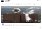 A "tweet":https://knowyourmeme.com/memes/sites/twitter-x making fun of Pete Hegseth's alleged drinking problem, reading, "Just a reminder, the release of white smoke from the Anheuser-Busch factory signals that a new Pete Hegseth has been selected."