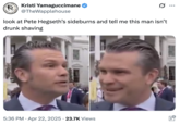 A "tweet":https://knowyourmeme.com/memes/sites/twitter-x making fun of Pete Hegseth's alleged drinking problem.