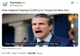 A "tweet":https://knowyourmeme.com/memes/sites/twitter-x making fun of Pete Hegseth's alleged drinking problem.