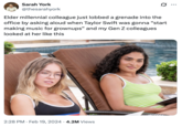 Sarah York @thesarahyork 0 Elder millennial colleague just lobbed a grenade into the office by asking aloud when Taylor Swift was gonna "start making music for grownups" and my Gen Z colleagues looked at her like this 2:28 PM Feb 19, 2024 4.2M Views