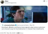 Wæs 0 @watchingspirals unusual_whales @unusual_whales · Mar 20 DoorDash, $DASH, and Klarna have signed a deal where customers can choose to pay for food deliveries in interest-free installments 8:34 PM · Mar 20, 2025 2.1M Views