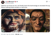 A tweet posted in reference to the 2025 _Oblivion_ remaster that features a viral J.D. Vance character creation. The post read, "oblivion so funny to me. we finally have the technology to recreate the og fallout talking head renders in real time."