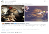 A tweet reacting to X user @realswtheory's claim that "SA" has no place in the _Star Wars_ universe. This tweet shows Princess Leia being held captive by Jabba the Hutt and being made to wear skimpy, ornamental clothing. The tweet reads, "Now what the f--- do you think this s--- was bro…"