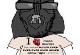 A wojak showing a crudely drawn Darth Vader wearing a shirt that reads, "I love mass murder but I would never ever ever ever ever ever ever allow r--- I promise." The post gathered over 24,000 likes in a day.