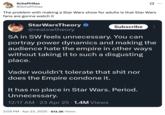 X user @Schaffrillas reposted a tweet by @realswtheory where he asserted that Darth Vader would not "tolerate" sexual violence, writing, "The problem with making a Star Wars show for adults is that Star Wars fans are gonna watch it."
