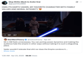 X user @glupshitto2002 responded to _Andor_ being criticized for depicting attempting sexual violence, sharing a scene where Anakin Skywalker prepares to kill children, writing, "OMG ITS DARTH VADER, MY FAVORITE CHARACTER WITH FAMILY VALUES AND MORAL INTEGRITY 😍"