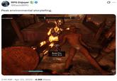 A Tweet reading, "Peak environmental storytelling." The image attached shows a Flame Atronach dead beside a man and a fire resist potion.