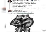 Nick Adams (Alpha... ❤.16h Alpha males enjoy the company of other alpha males because iron sharpens iron. 566 1124 511 106K Pirate @Oaktown Pirate Replying to @NickAdamsin USA א 9/1