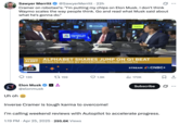 Elon Musk responded to a news segment where Jim Cramer said, "I'm putting my chips on Elon Musk," by writing, "Uh oh 😬 Inverse Cramer is tough karma to overcome! I’m calling weekend reviews with Autopilot to accelerate progress."