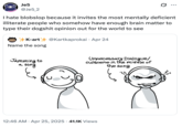 A "quote tweet":https://knowyourmeme.com/memes/quote-retweets-qrts mocking the Jamming to a Song "webcomic":https://knowyourmeme.com/memes/cultures/webcomics for being "Blobslop":https://knowyourmeme.com/memes/subcultures/blobslop.