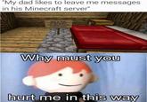 "My dad likes to leave me messages in his Minecraft server" Why is this doublewide? You don't have a girlfriend. Why must you hurt me in this way