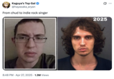 X user @hayasaka_aryan's tweet compared younger and older images of Crusius alongside the caption, "From chud to indie rock singer."