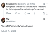 “the LMNOP community” was outrageous A "tweet":https://knowyourmeme.com/memes/sites/twitter-x about the "slang":https://knowyourmeme.com/memes/internet-slang term "LMNOP" meaning "LGBTQ+":https://knowyourmeme.com/memes/cultures/lgbtq.