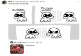 X user @ThatRabidDog quoted the video of Glitch Productions voice actors playing with plushies and repeating the phrase "stimming" by pushing back against those criticizing the video. The user posted a meme showing an autistic person getting mad at someone a little bit more autistic than them.


