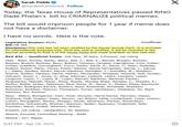 Sarah Fields @SarahisCensored. Follow Today, the Texas House of Representatives passed RINO Dade Phelan's bill to CRIMINALIZE political memes. The bill would imprison people for 1 year if meme does not have a disclaimer. I have no words. Here is the vote. Legislative Session: 89(R) Bill: HB 366 Unofficial Disclaimer: This vote has not been certified by the House Journal Clerk. It is provided for informational purposes only. Once the vote is certified, it will be recorded in the journal according to Rule 5 of the House Rules and made available on this web site. RV# 834 - Unofficial Totals: 106 Yeas, 39 Nays, 2 Present, not voting - Yeas Allen; Anchía; Ashby; Barry; Bell, C.; Bell, K.; Bernal; Bhojani; Bonnen; Bowers; Bryant; Buckley; Bucy; Button; Campos; Canales; Capriglione; Cole; Collier; Cortez; Craddick; Cunningham; Curry; Darby; Davis, A.; Davis, Y.; Dean; DeAyala; Dutton; Dyson; Fairly; Flores; Frank; Gámez; Garcia Hernandez; Garcia, J.; Garcia, L.; Gates; Gerdes; Geren; Gervin-Hawkins; González, J.; González, M.; Goodwin; Guerra; Guillen; Harless; Harris; Hefner; Hernandez; Hinojosa; Howard; Hull; Hunter; Johnson; Jones, J.; Jones, V.; King; Kitzman; LaHood; Lalani; Lambert; Leach; Longoria; Lopez, J.; Lopez, R.; Lujan; Manuel; Martinez; Martinez Fischer; McQueeney; Metcalf; Meyer; Meza; Moody; Morales Shaw; Morales, C.; Morales, E.; Muñoz; Noble; Ordaz; Patterson; Paul; Perez, M.; Perez, V.; Phelan; Plesa; Raymond; Reynolds; Rodríguez Ramos; Romero; Rose; Rosenthal; Schofield; Shaheen; Simmons; Smithee; Talarico; Thompson; Turner; VanDeaver; Villalobos; Vo; Ward Johnson; Wu; Zwiener - Nays Alders; Bumgarner; Cain; Cook; Dorazio; Harris Davila; Harrison; Hayes; Hickland; Holt; Hopper; Isaac; Kerwin; Leo Wilson; Little; Louderback; Lowe; Lozano; Luther; McLaughlin; Money; Morgan; Olcott; Oliverson; Pierson; Richardson; Schatzline; Schoolcraft; Shofner; Slawson; Spiller; Swanson; Tinderholt; Toth; Troxclair; Vasut; Virdell; Wharton; Wilson Present, not voting Landgraf(C); Mr. Speaker Absent, Excused, Committee Meeting - Walle - Absent Orr; Tepper 9:47 PM - Apr 29, 2025 X
