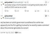 A tweet reading, "serj tankian being on the fbi watchlist rn and getting toxicity taken off of spotify oh 2005 soad we are so back." The tweet was made by SawtrapWolfgirl.