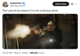 A "tweet":https://knowyourmeme.com/memes/sites/twitter-x with the still from "_The Last of Us_":https://knowyourmeme.com/memes/subcultures/the-last-of-us-hbo-series TV series showing actor "Bella Ramsey":https://knowyourmeme.com/memes/bella-ramseys-face as Ellie Williams shooting a gun with a scared expression.