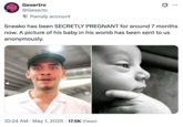 A "tweet":https://knowyourmeme.com/memes/sites/twitter-x parodying Dexerto about streamer "Sneako":https://knowyourmeme.com/memes/people/sneako being secretly pregnant with the Thinking Baby.