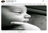 A "tweet":https://knowyourmeme.com/memes/sites/twitter-x using the Thinking Baby "meme":https://knowyourmeme.com/memes/memes to joke about the "Kendrick Lamar and Drake Beef":https://knowyourmeme.com/memes/events/kendrick-lamar-vs-drake-feud.