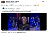 A "quote-tweet":https://knowyourmeme.com/memes/quote-retweets-qrts of the Miscellaneous Uncs Shoot Poison on Stage "tweet":https://knowyourmeme.com/memes/sites/twitter-x, reading, "(Texting crush) My unc just shot poison on stage 😐."