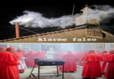 X user @memes_horriveis posted a meme about smoke emitting from the Sistine Chapel during the 2025 papal conclave, joking that it came from the College of Cardinals grilling meat. The text on the image reads, "alarme falso."