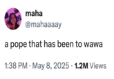 maha @mahaaaay a pope that has been to wawa . 1:38 PM May 8, 2025 1.2M Views .