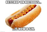 KETCHUP ON HOTDOGS... ...IS NOW A SIN imgflip.com