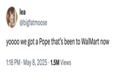 lea @bigfatmoose yoooo we got a Pope that's been to WalMart now 1:18 PM - May 8, 2025 1.5M Views