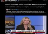 Rep. Eric Swalwell @RepSwalwell May 9 • This is MAGA health care. Someone literally faints and falls in front of Fox News host Jonathan Hunt. He does NOTHING and keeps reporting. I've never seen anything like it. Mike Sington @MikeSington • May 9 Fox News panelist Camryn Kinsey suffers medical episode live on air, host Jonathan Hunt tries to carry on with the segment before going to a commercial. FOX BIDEN BLAMES HARRIS LOSS ON SEXISM 0:20 NS MT BREAKING NEWS