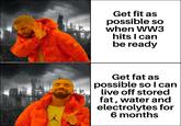Get fit as possible so when WW3 hits I can be ready Get fat as possible so I can live off stored fat, water and electrolytes for 6 months
