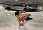 A photo of Rubi Rose bending over in a parking garage in front of her Cybertruck. The photo was posted to Twitter on May 11th, 2025.