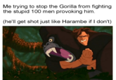 Me trying to stop the Gorilla from fighting the stupid 100 men provoking him. (he'll get shot just like Harambe if I don't)