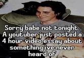 video essay enjoyer Sorry babe not tonight. A youtuber just posted a 4 hour video essay about something ive never heard of