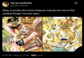 Okay, A pirate who loves treasure may be the one of the coolest things I’ve ever seen. "Okay, A pirate who loves treasure may be one of the coolest things I’ve ever seen," captioning an image from the "anime and manga":https://knowyourmeme.com/memes/cultures/anime-manga "_One Piece_":https://knowyourmeme.com/memes/subcultures/one-piece.