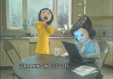 The original screencap of Coraline Choking Herself from the animated film _Coraline_, with the subtitle "(GROANING IN DISGUST)."