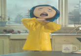 The template and format for the Coraline Choking Herself "meme":https://knowyourmeme.com/memes/memes, showing the character Coraline Jones from the 2009 animated film _Coraline_ choking herself in the kitchen.