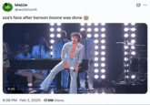 Benson Boone's Grammy performance gained viral traction online soon after it aired, with several internet users highlighting Boone's acrobatic abilities, and others commenting on his tight costume. On February 2nd, 2025, X user @workinonit tweeted, "sza’s face after benson boone was done 😭," gathering over 17 million views and 240,000 likes in three months. 