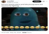 May 18th, 2025, tweet by @agora_cvnts that reads, "benson boone stans and lola young stans are apparently fighting……," gathering over 35,000 likes in a week.