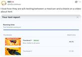 ISFJ • @isfjcutebear Q ... I love how they are a/b testing between a mexican and a black on a video about fent Your test report Running time Test finished running on Thumbnails FENTANYL Thumbnail 1 Winner Now visible to all users FENTANYL Thumbnail 2 Watch time 43.2% 27.9%