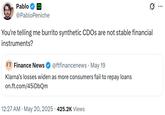 You're telling me burrito synthetic CDOs are not stable financial instruments? Pablo @Pablo Peniche 0 You're telling me burrito synthetic CDOS are not stable financial instruments? FT Finance News @ftfinancenews · May 19 Klarna's losses widen as more consumers fail to repay loans on.ft.com/45iDbQm . 12:27 AM ⚫ May 20, 2025 425.2K Views ...